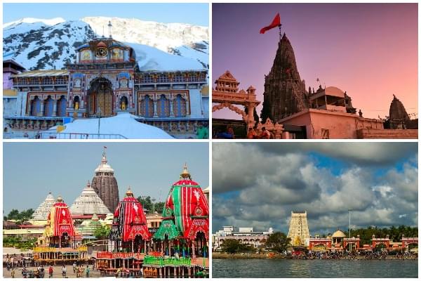 The destinations to be covered are (clockwise from top-left) Badrinath, Dwarakadish, Rameswaram and  Puri Jagannath, among others.