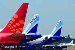 SpiceJet and IndiGo planes parked at the Indira Gandhi International  airport. (representative image) (Ramesh Pathania/Mint via Getty Images)