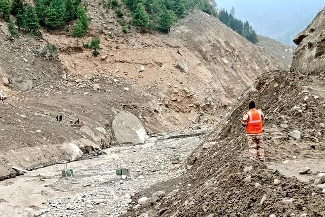 An ITBP jawan at the Raini site of the 7 February floods in Chamoli, Uttarakhand. 