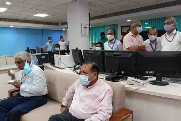 Minister for Earth Sciences Jitendra Singh (seated at right) during a forecasting infrastructure inspection exercise.  