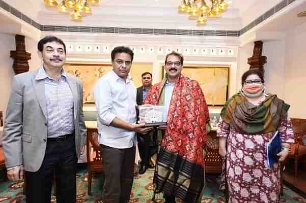 Telangana minister KT Rama Rao with Sabu M. Jacob, MD of KITEX group