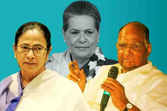 TMC leader Mamata Banerjee (left), INC president Sonia Gandhi (centre), NCP leader Sharad Pawar (right)