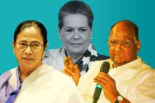 TMC leader Mamata Banerjee (left), INC president Sonia Gandhi (centre), NCP leader Sharad Pawar (right)