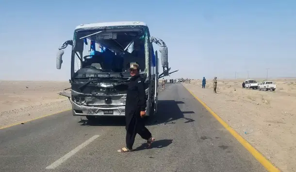 Bus targeted by a suicide bomber in Balochistan in August 2018.