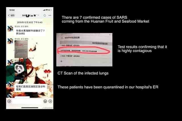 Screenshot of the WeChat group in which Li Wenliang talked about the outbreak, and the corresponding translations. (Source: SerpenTZA/YouTube)