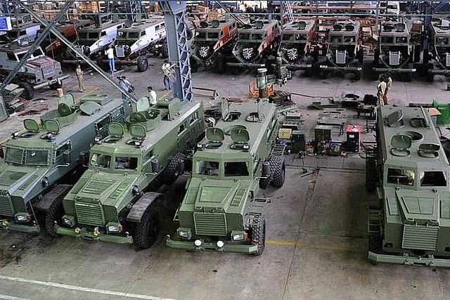 Mine protected vehicles (MPV) at an ordnance factory in Medak District near Hyderabad. (NOAH SEELAM/AFP/Getty Images)
