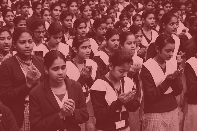 Girls participating in morning prayer meeting at Sarvodaya Kanya Vidyalaya in New Delhi, India. (Priyanka Parashar/Hindustan Times via Getty Images) 