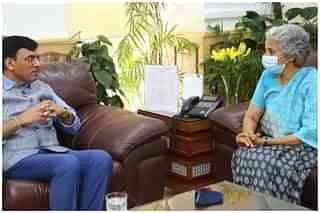 Union Health Minister Mansukh Mandaviya meets Dr Soumya Swaminathan.