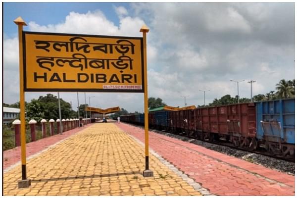A freight train at Haldibari station in India.