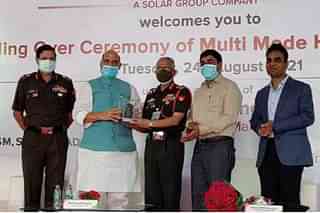 Defence Minister Rajnath Singh accepting MMHG grenades (Pic via PIB)