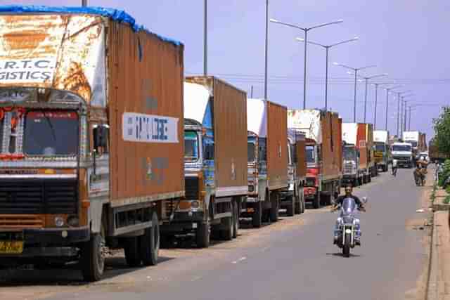 Trucks queue up. 