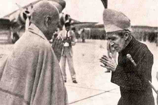 The Nizam of Hyderabad welcomes Sardar Vallabhai Patel at the airport after the liberation of the state