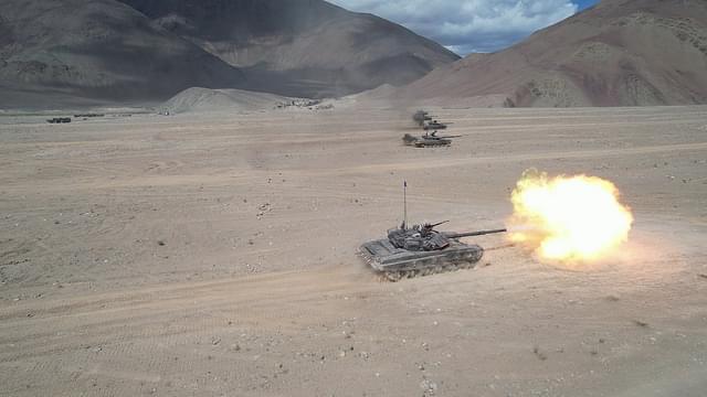 Indian Army tank fires during an exercise in Ladakh. 