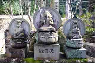 Benzaiten, Kangiten, Tamonten in Japan; left to right - corresponding to Saraswati, Ganesh, Kuber - but not in any way less sacred. (Wikimedia Commons) 