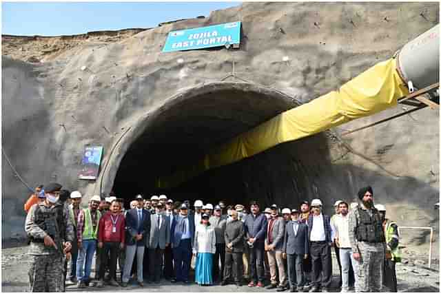 Nitin Gadkari with officials outside Zoji La tunnel.