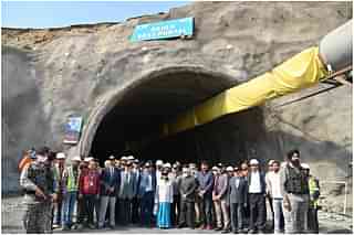 Nitin Gadkari with officials outside Zoji La tunnel.