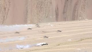 Indian Army tanks participating in a live fire exercise in Ladakh. 