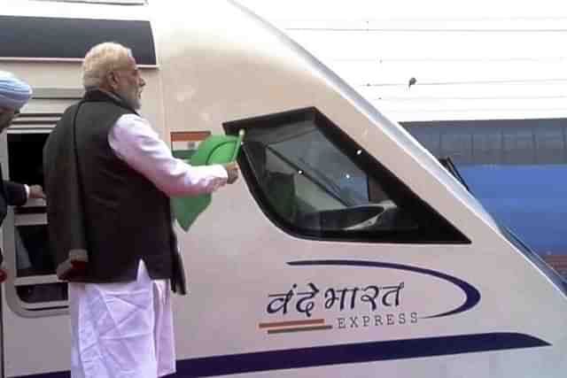 Prime Minister Narendra Modi flagging off Vande Bharat Express formerly known as Train 18. (@BJP4India/Twitter)