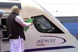 Prime Minister Narendra Modi flagging off a Vande Bharat Express earlier. (@BJP4India/Twitter)