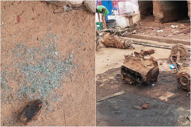 Broken window panes and parts of vehicles are still lying on streets in Kawardha