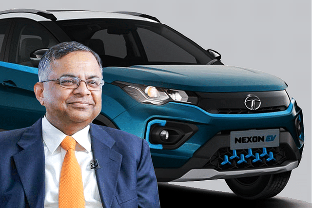 Tata Sons’ chairman N Chandrasekaran with Tata Motor's EV Nexon in background (An illustration by SwarajyaMag)