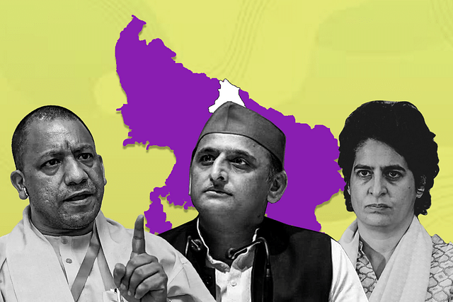 From left - CM Yogi Adityanath, Akhilesh Yadav and Priyanka Gandhi