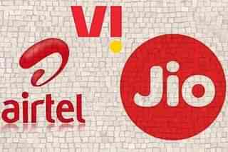 Logos of India's telcos - Airtel, Jio and Vodafone Idea