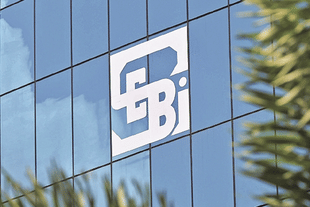 Closeup of SEBI building in Mumbai.