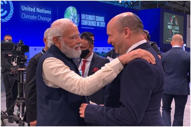 PM Modi greeting Israel's new PM Naftali Bennett at Glasgow.