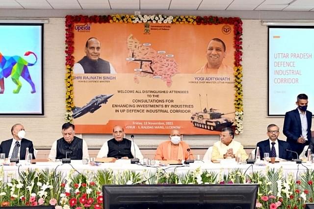Defence Minister Rajnath Singh and CM Yogi Adityanath at review meet on UP Defence Industrial Corridor (PIB)