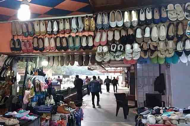 Leather footwear on display at a store.