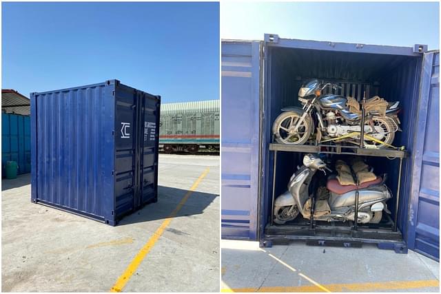 A cube container and how motorcycles are packed inside them.