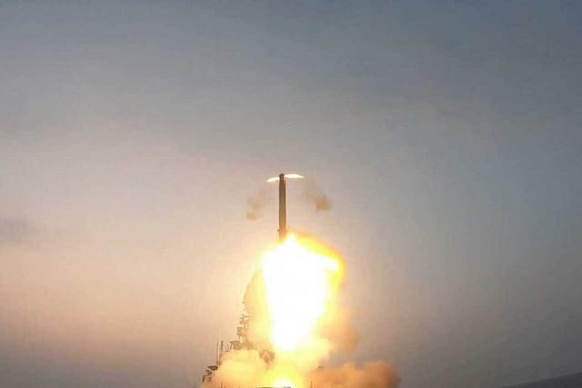 Advanced sea to sea variant of BrahMos tested from INS Visakhapatnam today. (DRDO/Twitter)
