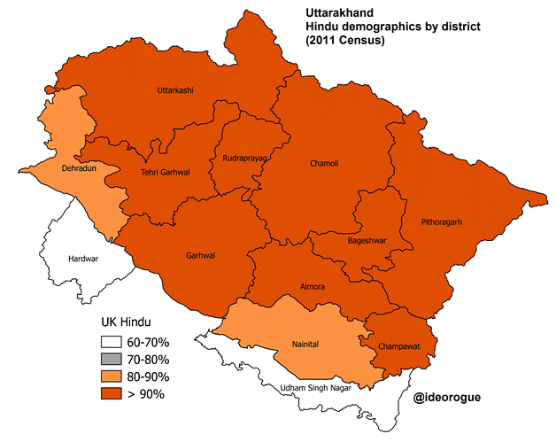 Map 4: Hindu demographics of Uttarakhand by district.