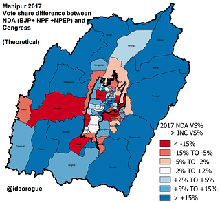 Map 9: Vote share differential map 2017. (Open in new tab to enlarge)