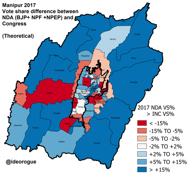Map 9: Vote share differential map 2017. (Open in new tab to enlarge)