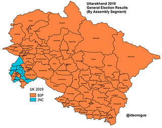 Map 3: Uttarakhand 2019 general election results by assembly segment.