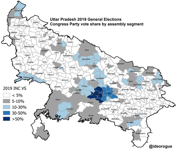 Map 4: Congress vote share in UP general elections 2019 by assembly segment