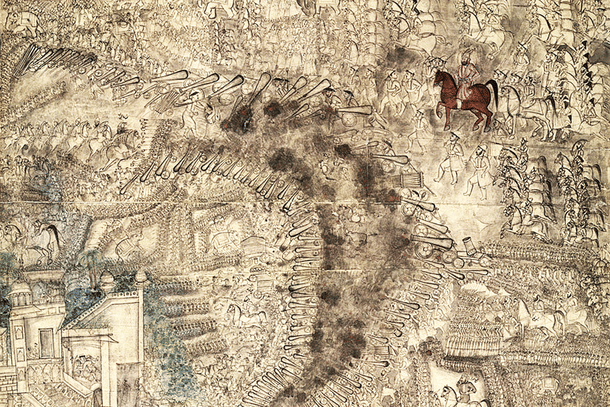 Third Battle of Panipat, Ahmad Shah Abdali, represented as sitting on a brown horse. (Source: British Library)