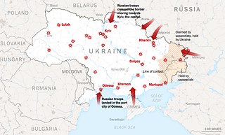Cities being targeted by Russian strikes and Russian troop movement | Credits: New York Times 