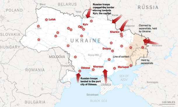 Cities being targeted by Russian strikes and Russian troop movement | Credits: New York Times