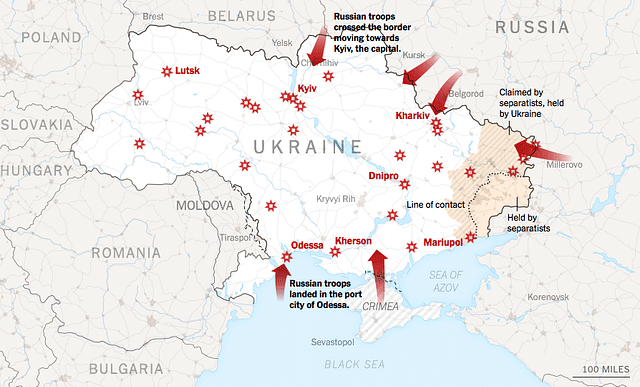 Cities being targeted by Russian strikes and Russian troop movement | Credits: New York Times 