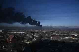 Smoke emerging from military airport near Kharkiv Ukraine 