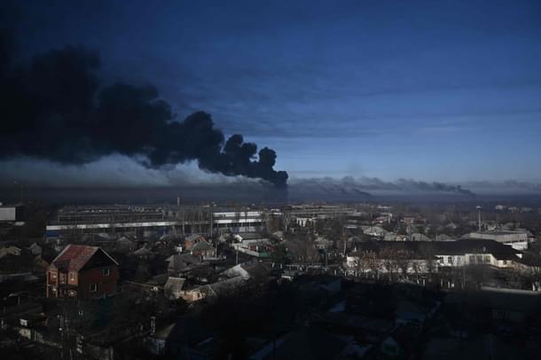 Smoke emerging from military airport near Kharkiv Ukraine