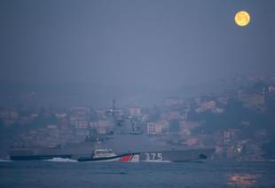 A Russian Navy Vessel sailing in the Bosphorus Strait