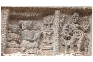The Iravatheesvara temple (12th century CE) shows Thiruneelakanda Yaazhpanar with his string instrument.