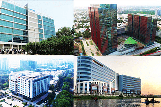 New India centres of MNCs: clockwise from top left: Trimble staff pose outside the company’s R&D Centre in Chennai; The World Trade Centre, Chennai, houses the new Amazon Development Centre across 18 floors; InfoPark Kochi, is home to a development centre of IBM’s recent US acquisition, Neudesic; the massive ABB Innovation centre in Bengaluru.