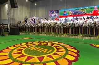 A flower rangoli infront of the dais at the Highway projects inauguration event held in Telangana (NHAI)