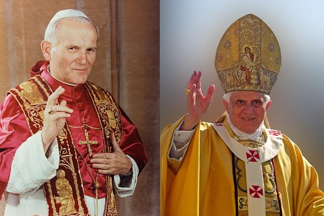 Warning-notification against the writings of Anthony de Mello was issued by Cardinal Ratzinger (later Pope Benedict XVI, right) under the papacy of Pope John Paul II (left).