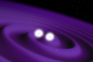 Artist’s impression of two neutron stars spiralling towards each other just before merging. The collision of these dense, compact objects produced gravitational waves that were detected by the LIGO/Virgo collaboration on 17 August 2017. (Photo: ESA)
